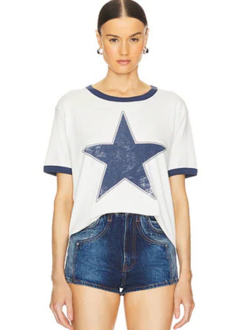 Daydreamer Star Ringer Tee White Navy Oversized Graphic Size M